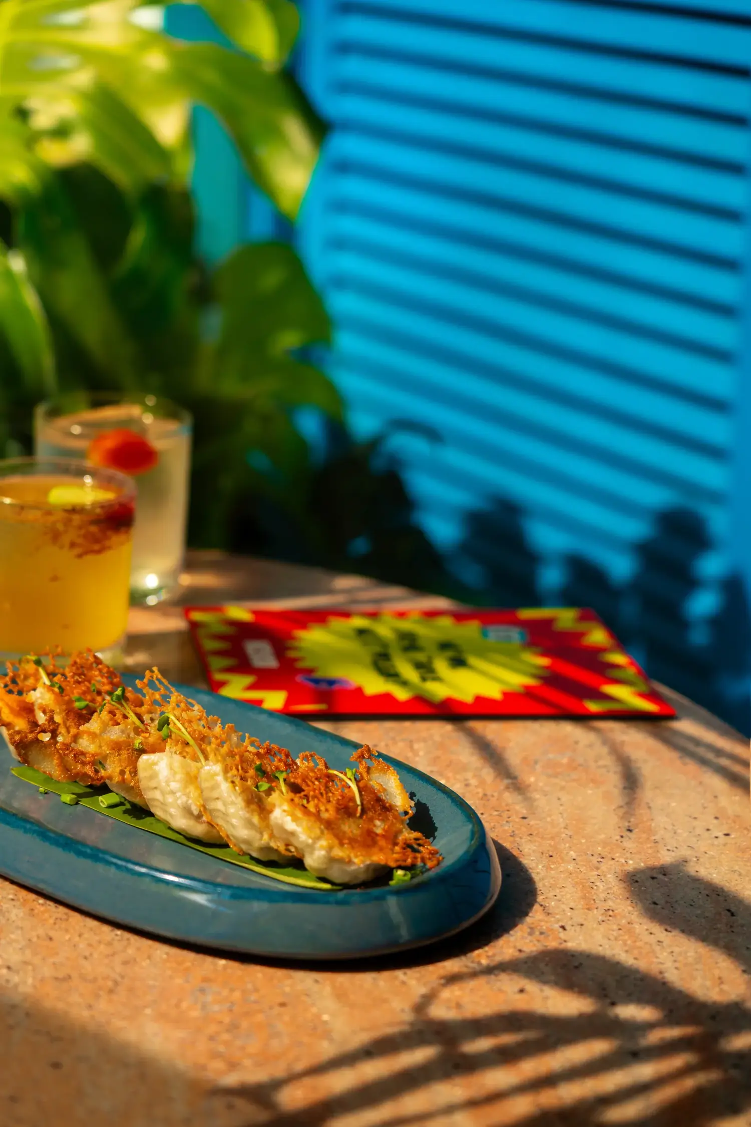 Vegetable potstickers served on a blue plate